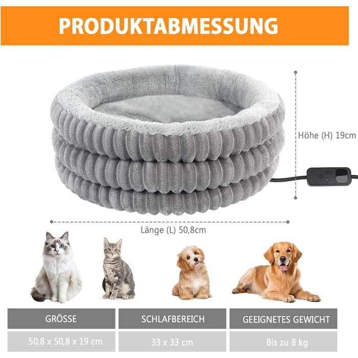 Обігрівальне ліжко для котів круглої форми - затишне ліжко з підігрівом для глибокого сну - для котів та собак - зручне електричне термоліжко з регульованою подушкою - можна прати