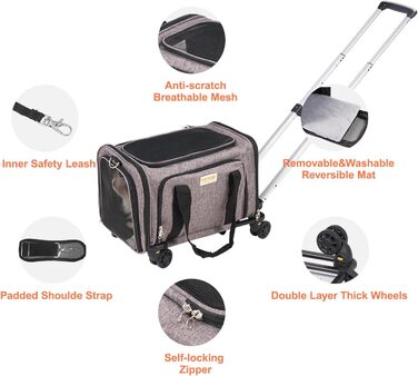 Тролей для собак VEVOR, складаний рюкзак для собак до 15,8 кг, переноска з 600D Oxford, 4 колеса, кишені для зберігання, ідеально для подорожей на авто та прогулянок (сірий, 11 кг)