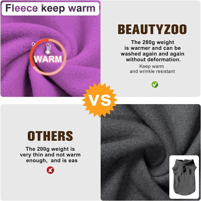 Пуловер для собак BEAUTYZOO з флісу, теплий зимовий пуловер для малих та середніх собак, куртка з D-кільцем, фіолетовий, розмір L (обхват грудей 48.2 см)