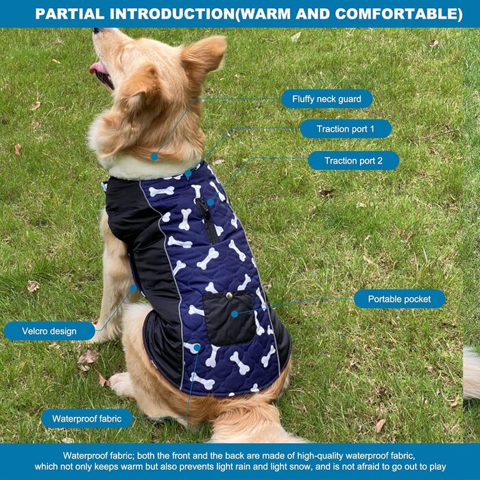 PETCUTE Водонепроникний зимовий теплий одяг для собак з відбиваючими елементами та отвором для страхувального ременя (XS, Синій)