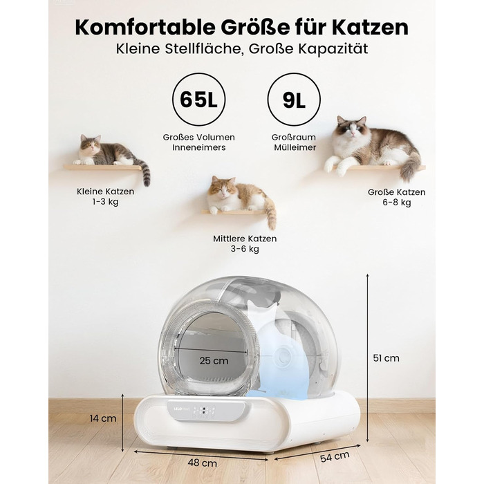 Автоматичний лоток для котів LELO PAWS, 65л, самоочищення, з контролем запаху, керування через APP, електричний, XXL, для кількох котів, білий