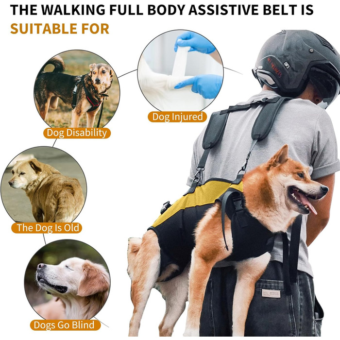 Шлейка-рюкзак для собак PETCUTE, для великих собак, з ручкою, регульована, для собак з артритом та проблемами з суглобами, 7.5-15 кг (S, чорний+жовтий)