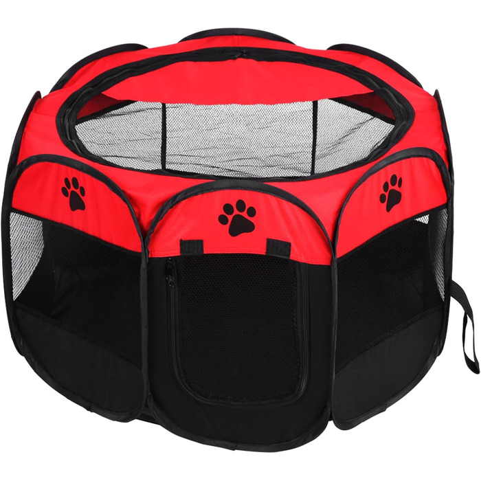 Складане зоо-намет для тварин на 8 панелей з бічною сіткою – вольєр для вигулу домашніх тварин з дверцятами на блискавці для використання в приміщенні та на вулиці, для подорожей, кемпінгу 68 x 45 см (Червоний)
