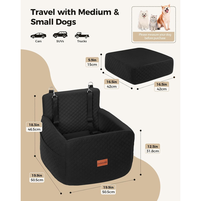 Автокрісло для собак Petcozife: безпечне та зручне автокрісло для собак малого та середнього розміру (до 15 кг), знімний, з товстим килимком та двома страхувальними ременями (чорний)