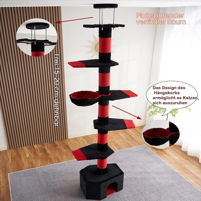 Мекідулу Кігтеточка для котів, 232-280 см, багатоярусна, регульована висота, обмотана чорним оксамитом та червоним сизалем (чорний, червоний)