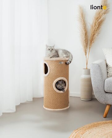 Котячий когтетоп Lionto з сизалю з іграшковим м'ячиком та плюшевим обідком, висота 50 см. Стабільний когтетоп для кошенят та дорослих котів, ідеальний догляд за кігтями та розваги, багато місць для хованнів, діаметр 36 см, висота 50 см (джут, висота 70 см