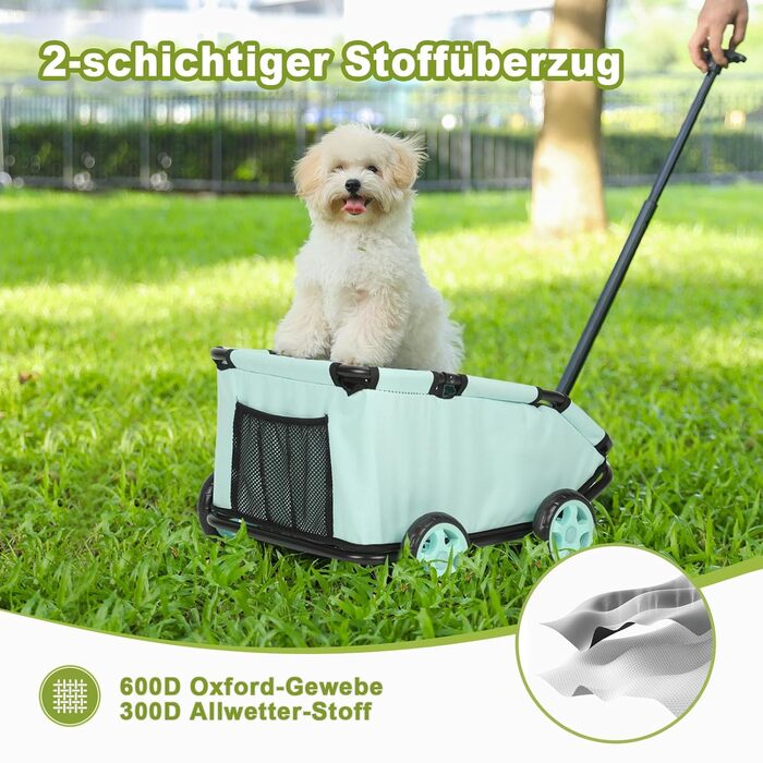 Складаний візок для маленьких тварин: візок-шопер з кишенькою, зручний ручка-телескопічний тягач, м'яке ліжко та страхувальний ремінь (Темно-зелений, Блакитно-зелений)