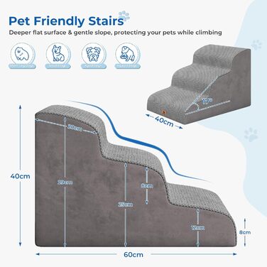 Сходинки для собак та котів, 3 сходинки, 40 см, сірі. Зручні для літніх тварин, миються, не слизькі. Для дому, до ліжка, дивану.
