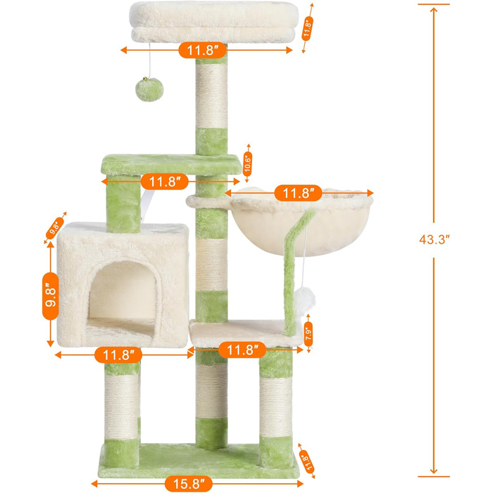 Комплекс для котів Heybly Kratzbaum HCT004SW: Дряпка-будиночок з іграшками, лежаком та сизалевими стовпчиками (43.3 см, зелено-бежевий)