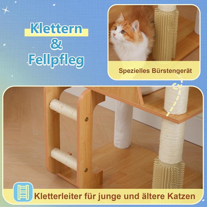 Дерев'яний кігтеточки Hey-brother Holz Kratzbaum 184 см для великих котів, багатоярусний, зі стійкою платформою, кошиком, будиночком, щіткою та драбиною, Noyer EMPJ121WB