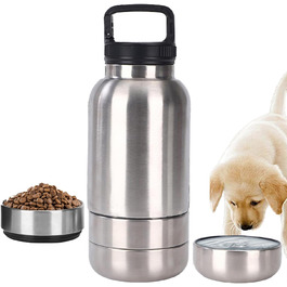 Портативна пляшка для собак з мисками для їжі та води, 3-в-1, ізольована сталева пляшка для подорожей, прогулянок, походів (глибока), срібна