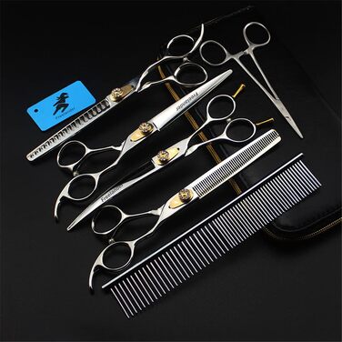 Набір професійних ножиць для грумінгу тварин 7.0 дюймів, 440C нержавіюча сталь, для собак та котів, блакитний (золотий)