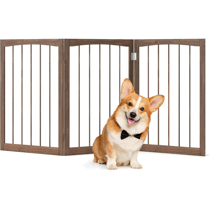 Захисний бар'єр для собак COSTWAY 3 секції, дерев'яний, 76 см, розкладний, для кухні, коридору, сходи, з сосни (коричневий)