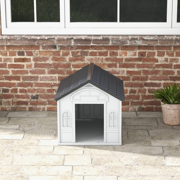PawHut Dog House, Будка для собаки з сідловим дахом, Погодостійкий будиночок для маленьких домашніх тварин для середніх собак до 20 кг, Будка для собак на відкритому повітрі, 65 x 75,7 x 63 см, Сірий | Аосом