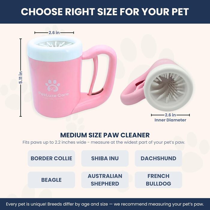 Очисник лап для собак - напівавтоматичний, з м'якими силіконовими щетинками, No Mess Paw Cleaner Cup для собак середніх та малих порід, рушник у комплекті, рожевий, Medium