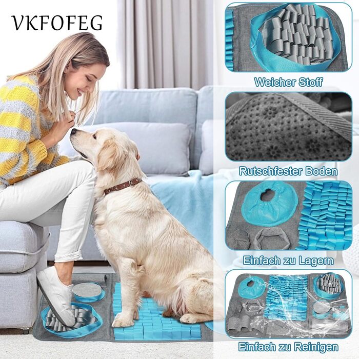 Килимок для пошуку іграшок для собак, 66x42 см [10 VERSTECKE], інтерактивна іграшка-головоломка, міцний, для тренування, підходить для собак будь-якого розміру (Блакитний)