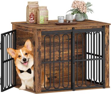 Дерев'яний вольєр для собак, 81 см, вольєр-стілець для дому, 2 двері, ковзні дверцята, для маленьких та середніх собак, міцний, 81 × 55 × 62,4 см, білий (коричневий)