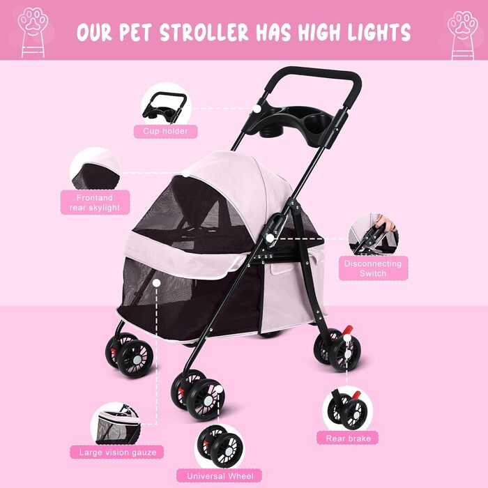 Дитяча коляска для домашніх тварин на 4 колесах для собак та котів, складана, з тримачем для напоїв, дихаючим сітковим вікном, портативна переноска для тварин (Рожева)