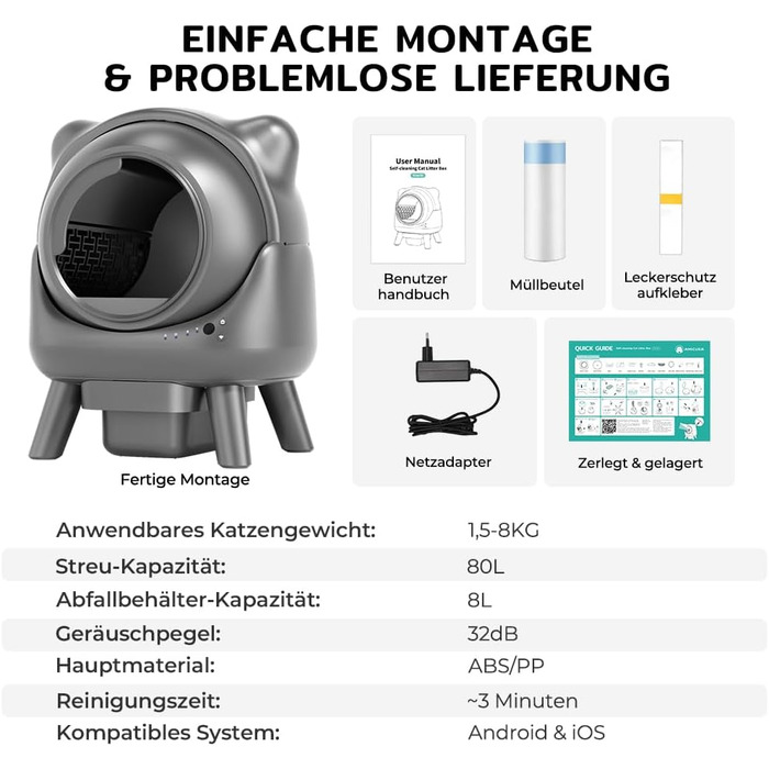 Автоматичний лоток для котів Cura X1: самоочищення, 80+8л, сенсори, контроль через додаток, для кількох котів