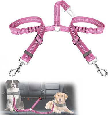 Авторемень для собак у машину, еластичний подвійний авторемень для собак, регульований авторемень для собак (рожевий)