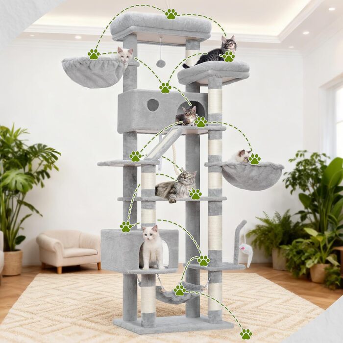 Великий котячий будиночок Kratzbaum GCT031W 200 см сірий: кігтеточка, платформа, гамак, печери для котів