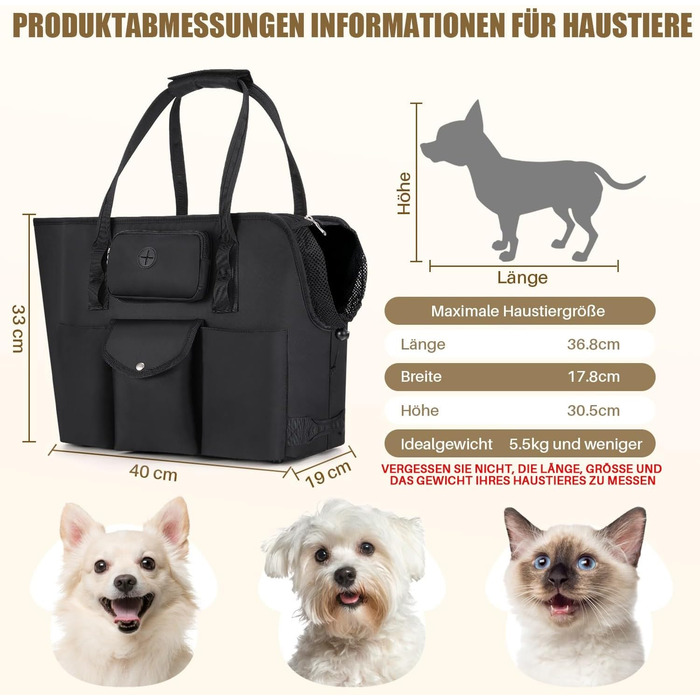 Сумка-переноска для собак SlowTon - для маленьких собак та кошенят до 5.5 кг, чорна, з сумкою та безпечною лінією