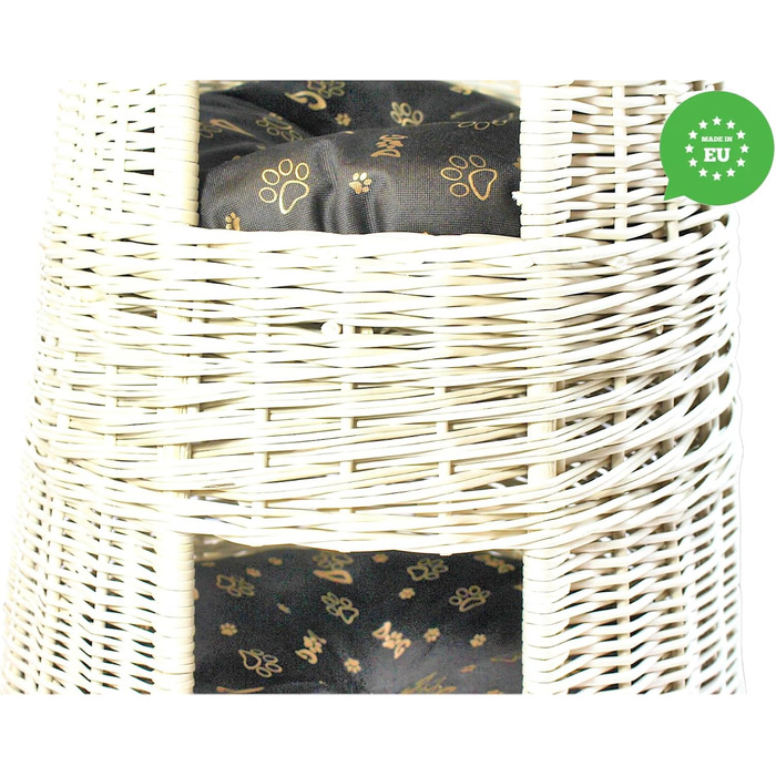 Кігтеточка-ліжко для котів: кругла хатинка з ротангу, триповерхове ліжко для собак та котів, колір білий (з коричневими та золотими подушками)