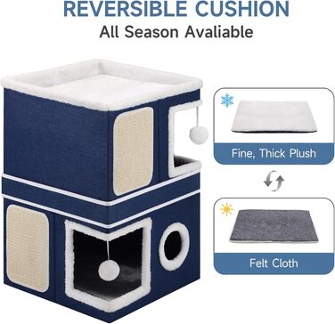 Кітчине гніздо Shikha, великий будиночок для котів, 3-ярусний куб для котів з дряпалкою та іграшкою, 61x45x32 см, блакитний