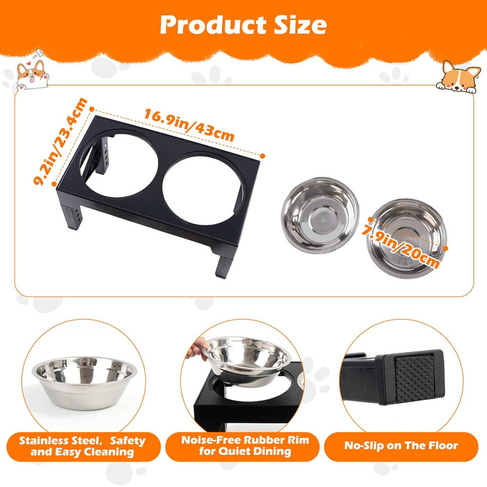 Підвищена годівниця для собак та котів, регульована висота, з нержавіючої сталі, 2 миски, чорна