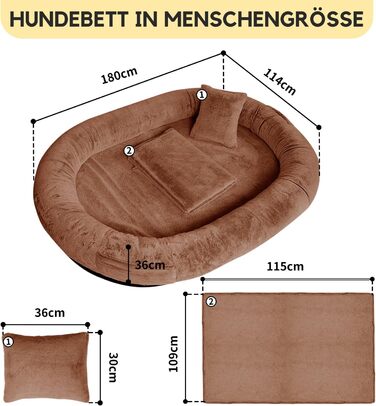 Велике собаче ліжко Furryfection для людей, 180x114x35,6 см, коричневе, з ковдрою та подушкою