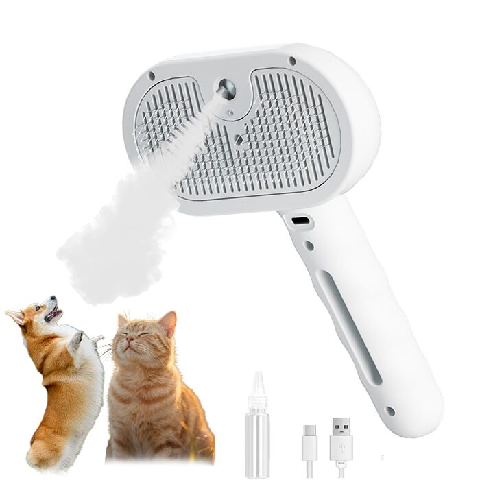 Парова щітка для собак 2025, 4-в-1: щітка-універсал для собак з розпилювачем та УФ-дезінфекцією. Легко видаляє відмерле волосся та бруд під час масажу. (Біла)