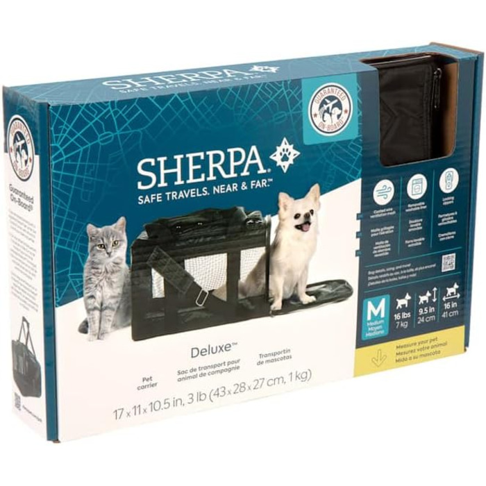 Транспортна сумка Sherpa Deluxe для собак та котів, розмір L (43 x 28 x 27 см), чорна, схвалена авіакомпаніями