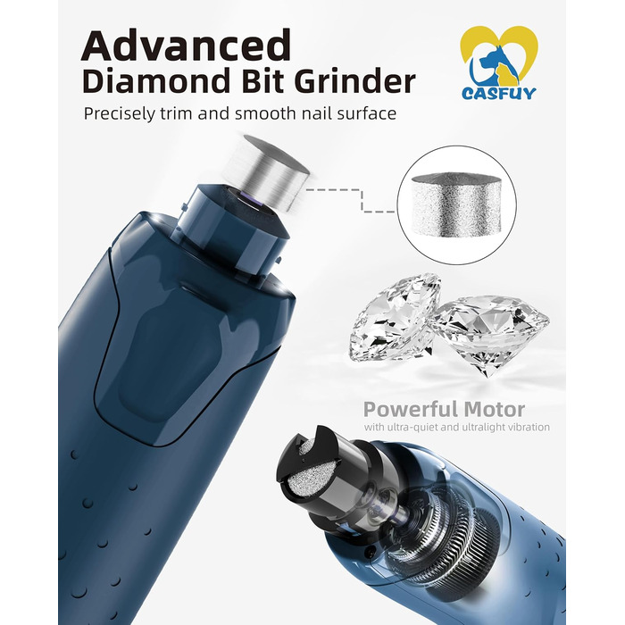 Електричний точилка для кігтів собак та котів Casfuy - 6 режимів, 45 dB, з LED-підсвічуванням, для великих, середніх та маленьких тварин, з захистом від пилу, блакитний