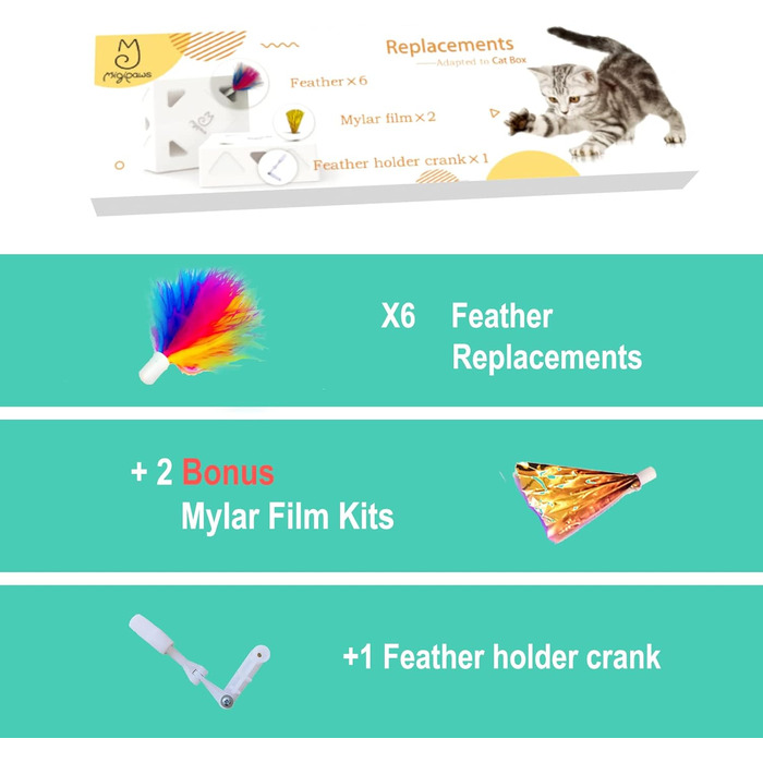 Іграшка для котів Migipaws MigiBox: інтерактивна коробка з 7 отворами, електрична, з подачею пір'я, для задоволення котів, перезаряджувана, 4 шт. пір'я (набір для поповнення)