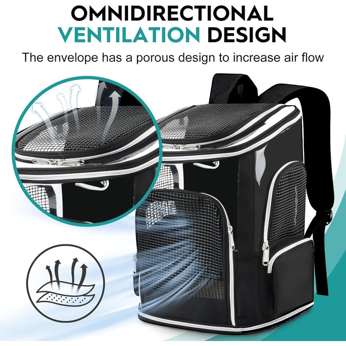 Рюкзак для тварин: переноска для собак та котів, до 9 кг, з сіткою та мискою, чорний