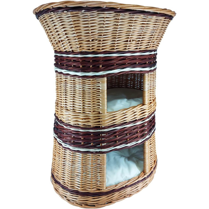 Плетене котяче ліжко з лози, 3-ярусне, з подушкою бежевого кольору