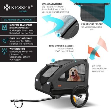 KESSER Великий велосипедний причіп для собак Boxer 2-в-1, собачий візок, 250 л, до 45 кг, складний, 600D Oxford, з прапорцем і сумкою