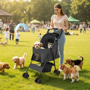 Складаний візок для тварин та дітей з колесами на 360°, кошиком для зберігання, міцним металевим каркасом та дихаючими сітковими віконцями – портативний переносник для котів та собак до 22 кг, чорний