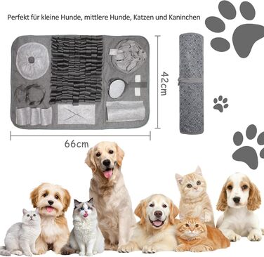 Килимок для собак, 66x42 см [10 VERSTECKE] Інтерактивна іграшка-головоломка, міцний килимок для носа, миється, тренувальний килимок, іграшка для собак будь-якого розміру (сірий)