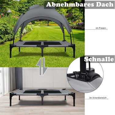 Підвищене собаче ліжко з дахом, сонцезахист, ліжко для домашніх тварин з балдахіном, лежанка для собак на вулицю, собаче софа з неслизькими підкладками, водонепроникний дах та дихаюча сітка, розмір 92x76x92 см