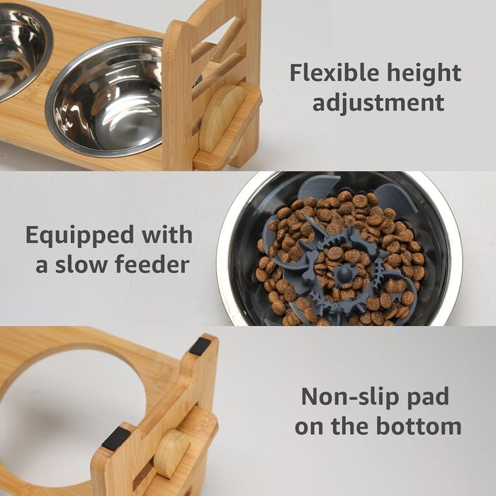 Підвищена годівниця для собак RLAVBL з бамбука, регульована, для повільного годування, з 2 нержавіючими мисками, антиковзаючі підкладки, для собак та котів