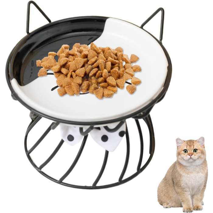 Керамічна миска для котів з металевим підставкою, піднята миска для котів Anti-Erbrechen, плоска керамічна миска для корму та води для котів та маленьких собак (Чорний)