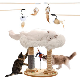 Кігтеточка-гойдалка для котів з платформою, сизаль, зручне ліжко з штучного хутра, іграшки для котів (2 м'яти, 4 дерев'яні, 1 інтерактивна джура), 5 шт.