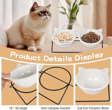 Набір з 2 керамічних мисок для котів, нахил 15°, протиковзкий, для води, вологого та сухого корму, ласощів, ідеально для котів та маленьких собак