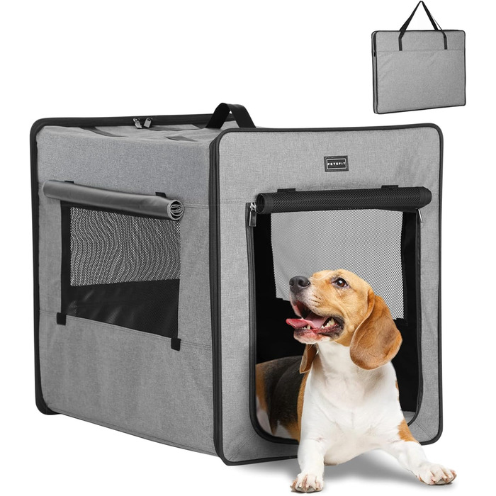 Petsfit переносна велика собача переноска, легка тканинна клітка для подорожей із трьома сітчастими вікнами та кишенею для корму, для середніх і великих собак, світло-сіра