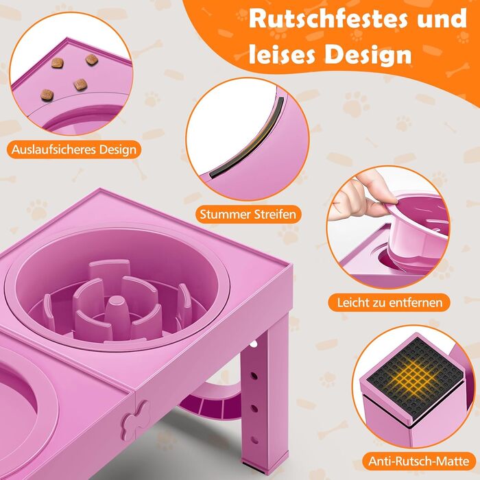 Набір мисок для собак X XBEN 3-в-1: миска для води з захистом від пролиття 1.4L, миска від захлистування 1L, годівниця з 5 рівнями регулювання висоти для середніх та великих собак, нековзна годівниця, рожевий колір