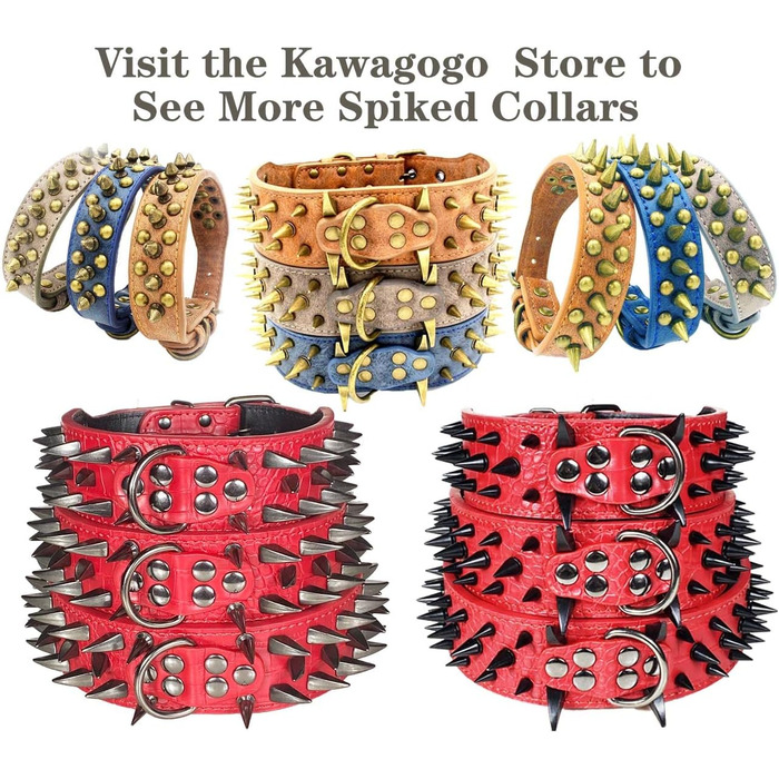 Kawagogo нашийник для собак з шипами, широкий 5,1 см, PU-шкіра, захист від укусів, для середніх і великих порід, 47,6-55,9 см