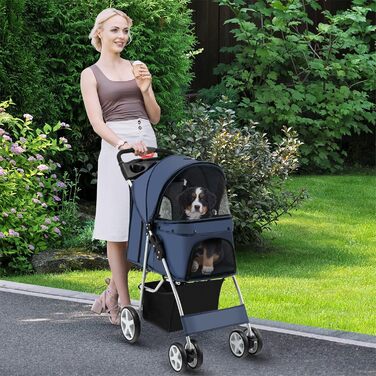 Собачий візок SOARS для собак та котів до 15 кг, складний, з сіткою, тримачем для напоїв та кошиком для зберігання, блакитний