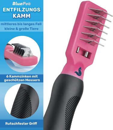 Камбі для вичісування собак та котів BluePet Profi - для видалення ковтунів та розплутування шерсті (ліворука, рожевий)