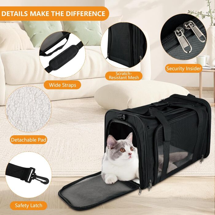 Транспортна сумка для тварин: складана переноска для кота та собаки, легка переноска з плечовим ременем, дихаюча переноска для подорожей та авто (чорна)